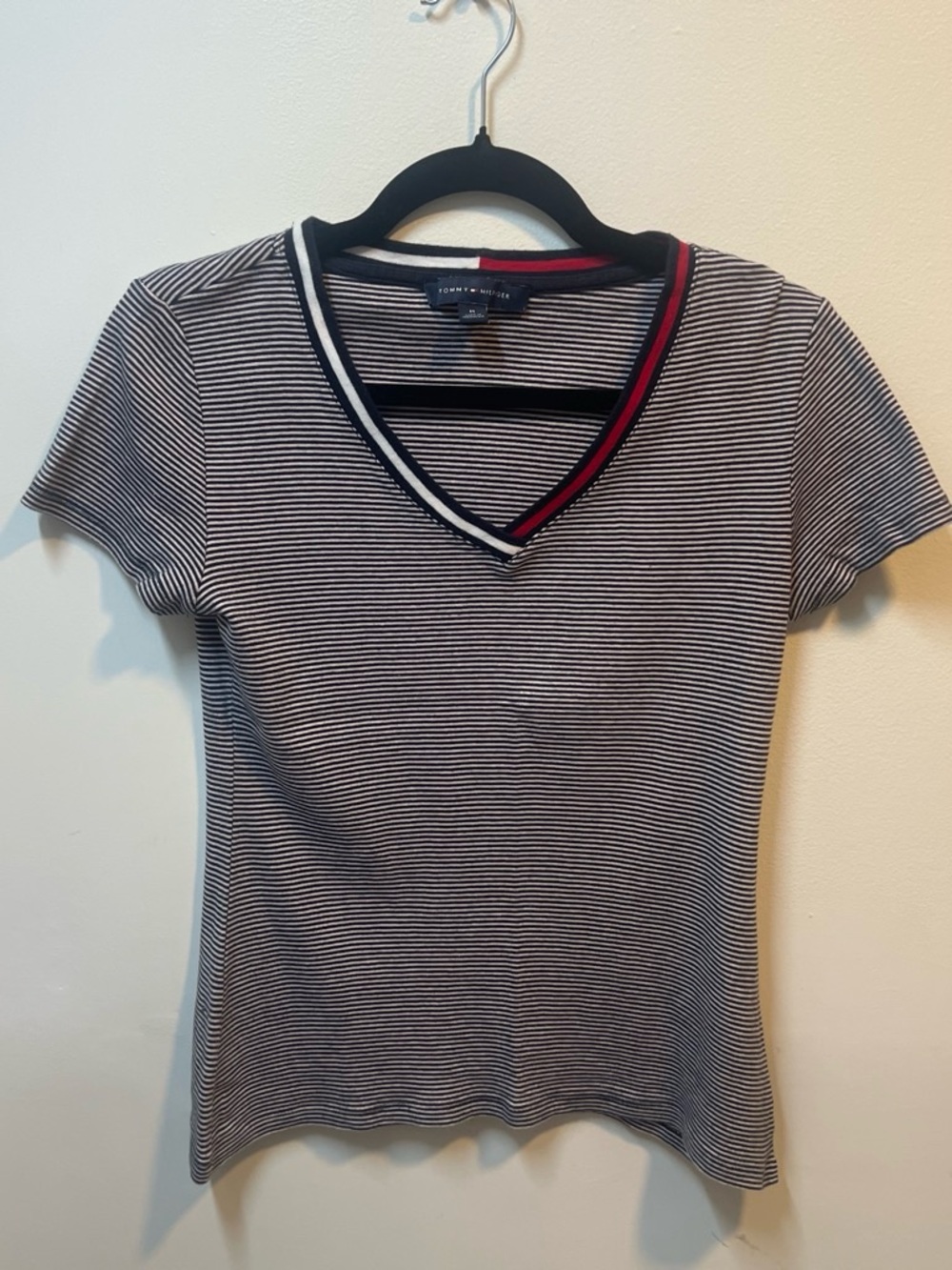 Tommy Hilfiger Navy & White Striped V‑Neck Tee with Red Trim